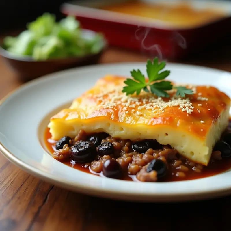 Pastel de papa y carne molida con toque de merken en molde rectangular, capas visibles de carne especiada con pasas y aceitunas, puré de papa cremoso y queso gratinado dorado, servido en porción con fondo rústico de madera.