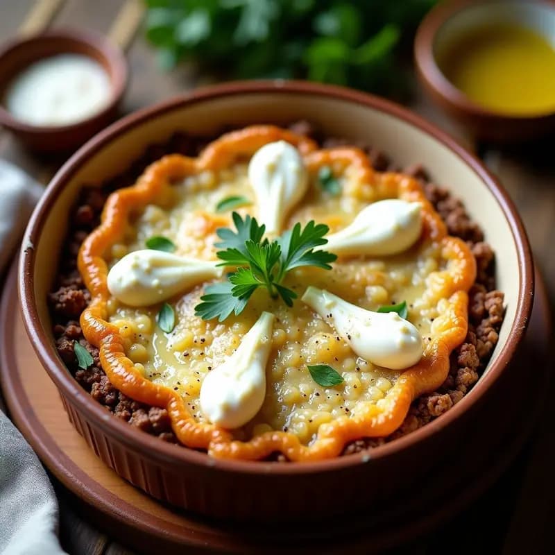 Pastel de papa keto con carne de res y ricotta de almendras gratinado, servido en molde de cerámica con bordes dorados, rodeado de perejil fresco y aceite de oliva.