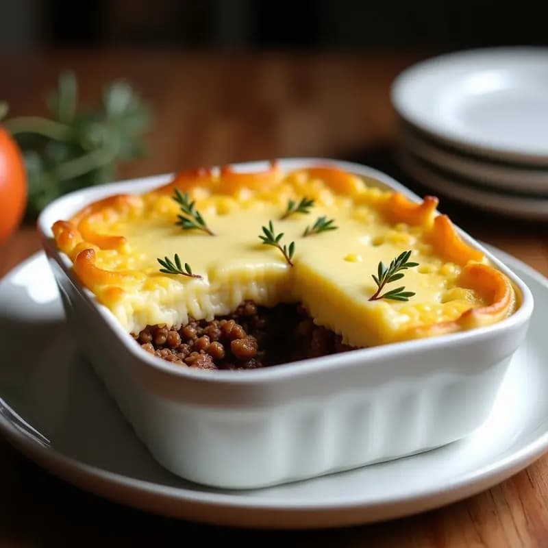 Pastel de papa y carne de soja vegana con pure de coliflor en fuente de horno rectangular, dorado por encima, servido en porción con cuchara de madera. Plato británico reconfortante y saludable.
