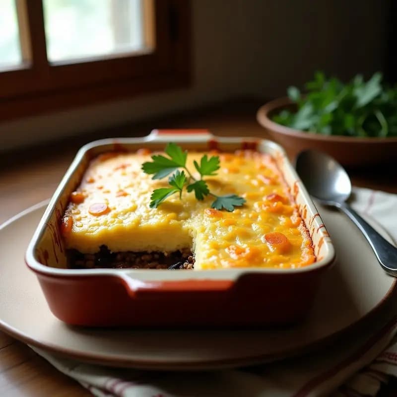 Pastel de papa chileno vegano en fuente de horno rectangular, con puré dorado y texturizado sobre un relleno oscuro de soja y aceitunas, decorado con perejil fresco. Receta reconfortante de cocina chilena.