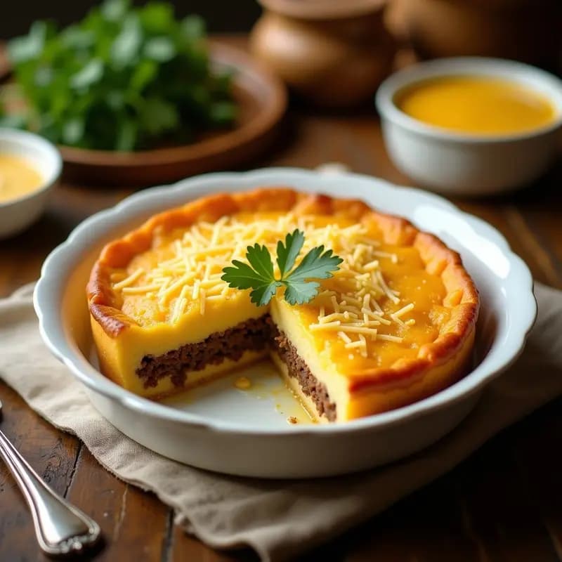 Pastel de papa colombiano con carimañola sin gluten, servido en porciones cuadradas con capas visibles de puré de papa, relleno de carne y cobertura crujiente de yuca dorada espolvoreada con queso rallado.