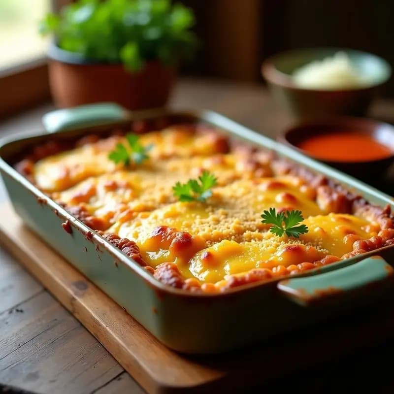 Pastel de papa colombiano con carimañola desmenuzada en molde rectangular, capas visibles de puré de papa dorado, carne molida jugosa y textura crujiente de yuca, servido en porción con queso gratinado.