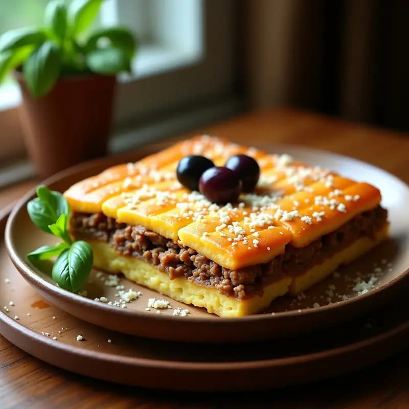 Pastel de papa colombiano gourmet en molde rectangular, con capas visibles de puré de papa dorado y relleno de carne de res desmenuzada con aceitunas Kalamata. Decorado con albahaca fresca y queso parmesano rallado, servido en plato de cerámica rústica.