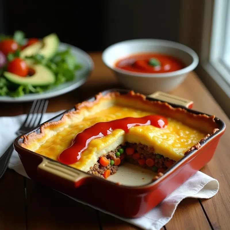 Pastel de papa colombiano en molde rectangular, con capas visibles de puré dorado, carne molida con verduras y queso gratinado, servido con salsa de aji roja en un plato rústico de barro.