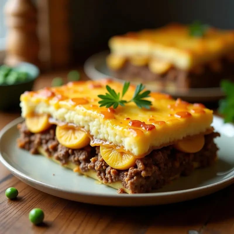 Pastel de papa colombiano dorado al horno con capas visibles de puré de papa cremoso, relleno de carne molida jugosa con guisantes y zanahoria, servido en porción cuadrada sobre plato blanco.