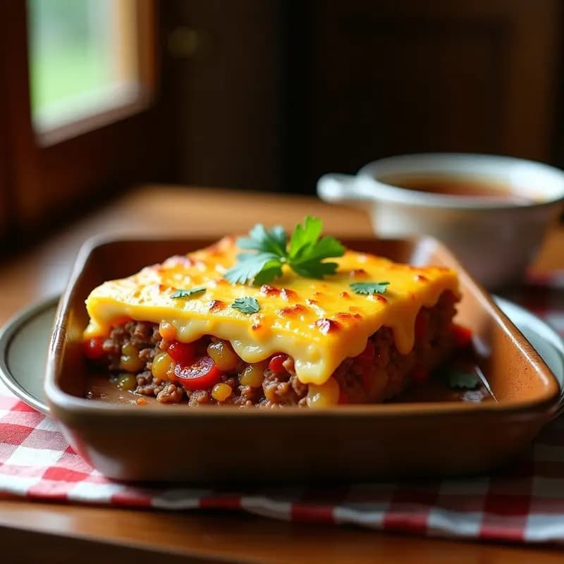 Pastel de papa colombiano en molde rectangular con capas visibles de puré de papa dorado, carne de res jugosa y rodajas de plátano maduro caramelizado, espolvoreado con queso rallado y servido en porciones cuadradas sobre plato blanco rústico.