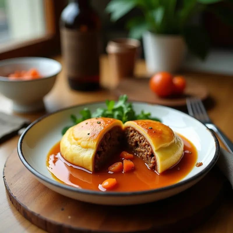 Pastel de Papa Colombiano vegano en molde de vidrio, con puré dorado y relleno de carne de soja especiada, decorado con rodajas de papa baby y cilantro fresco.