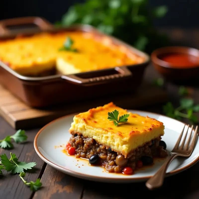 Pastel de papa colombiano con carne de res vegana en molde rectangular, capas visibles de puré dorado y relleno oscuro con hongos y especias, servido en porción con fondo rústico.