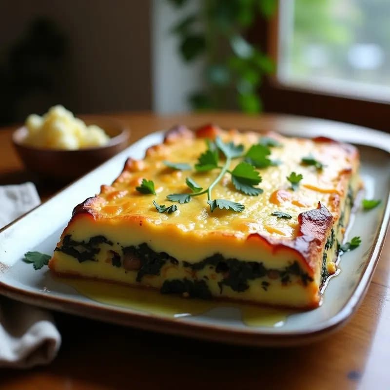 Pastel de papa colombiano vegano con relleno de champiñones portobello y espinacas, dorado al horno, servido en porciones cuadradas sobre un plato de cerámica blanca con hojas de cilantro fresco.