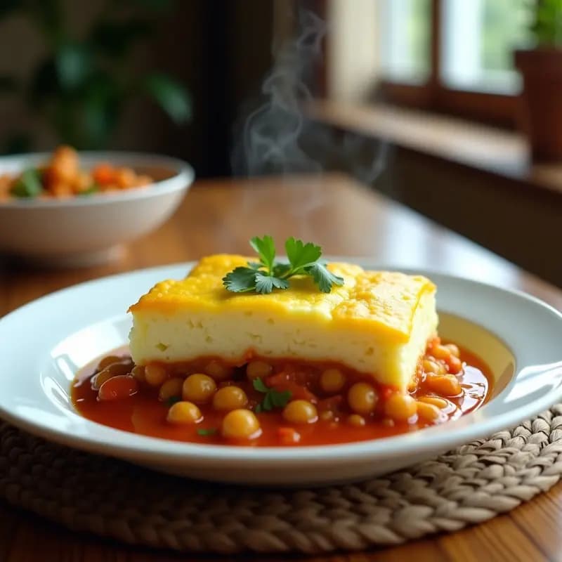 Pastel de papa colombiano vegano en olla lenta con capas de puré de papa amarilla y blanca, relleno de garbanzos estofados, decorado con cilantro fresco y servido en plato de barro.