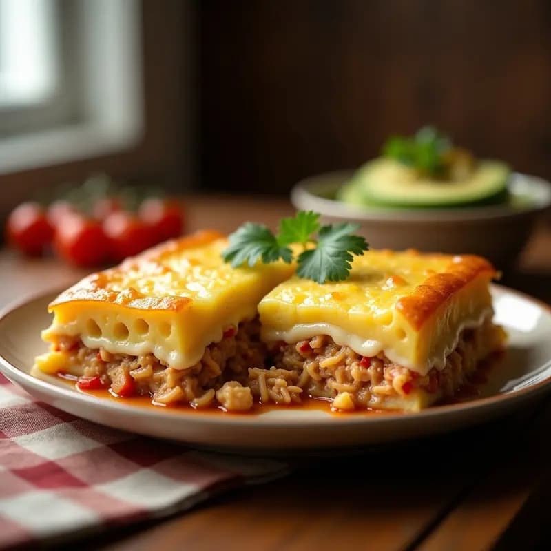 Pastel de papa colombiano con pollo desmenuzado en olla lenta, capas doradas de papa amarilla y pollo jugoso con queso gratinado, servido en plato de barro rústico.