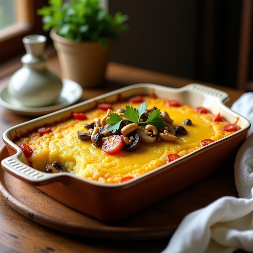 Pastel de papa colombiano vegano en molde rectangular, con capas visibles de puré de yuca dorado y relleno oscuro de champiñones. Decorado con cilantro fresco y servido en plato de barro rústico, con fondo de mesa de madera.