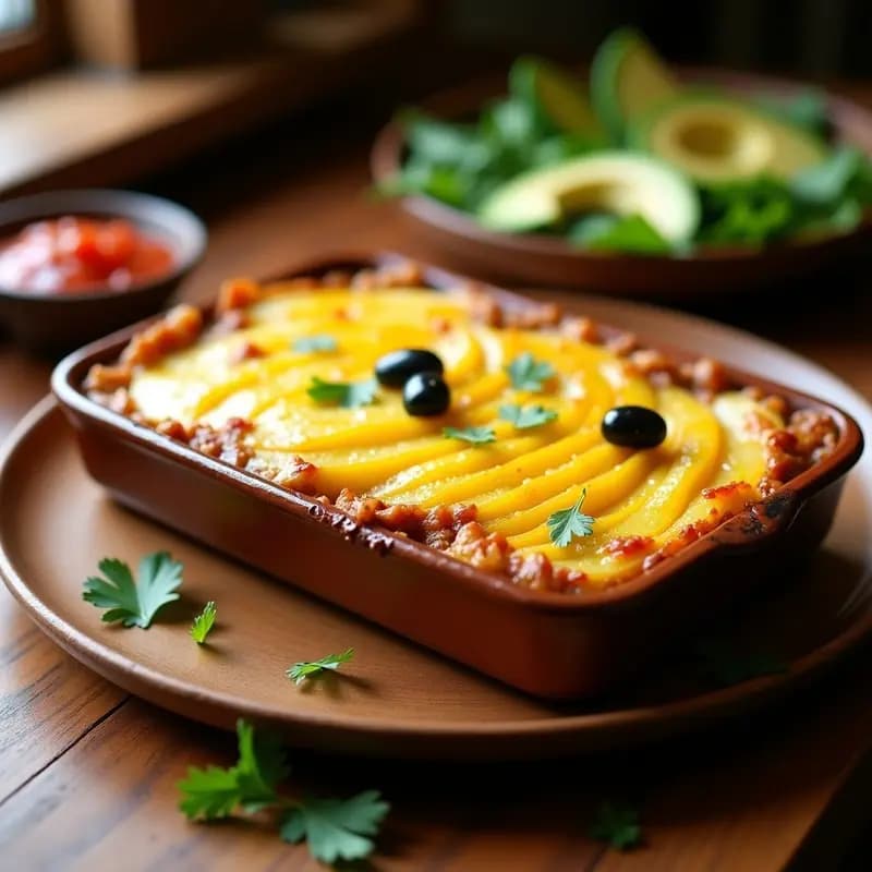 Pastel de Papa Coronel Chileno vegano con carne de soya, capas visibles de puré de papa gratinado y relleno jugoso de soya especiada, servido en molde de ceramica con bordes dorados.
