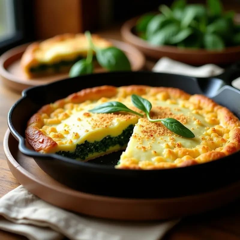 Pastel de papa colombiano en sartén con capas visibles de puré de papa blanca, relleno verde de espinacas y queso vegano de almendras, dorado por encima con pan rallado crujiente. Receta sin horno.
