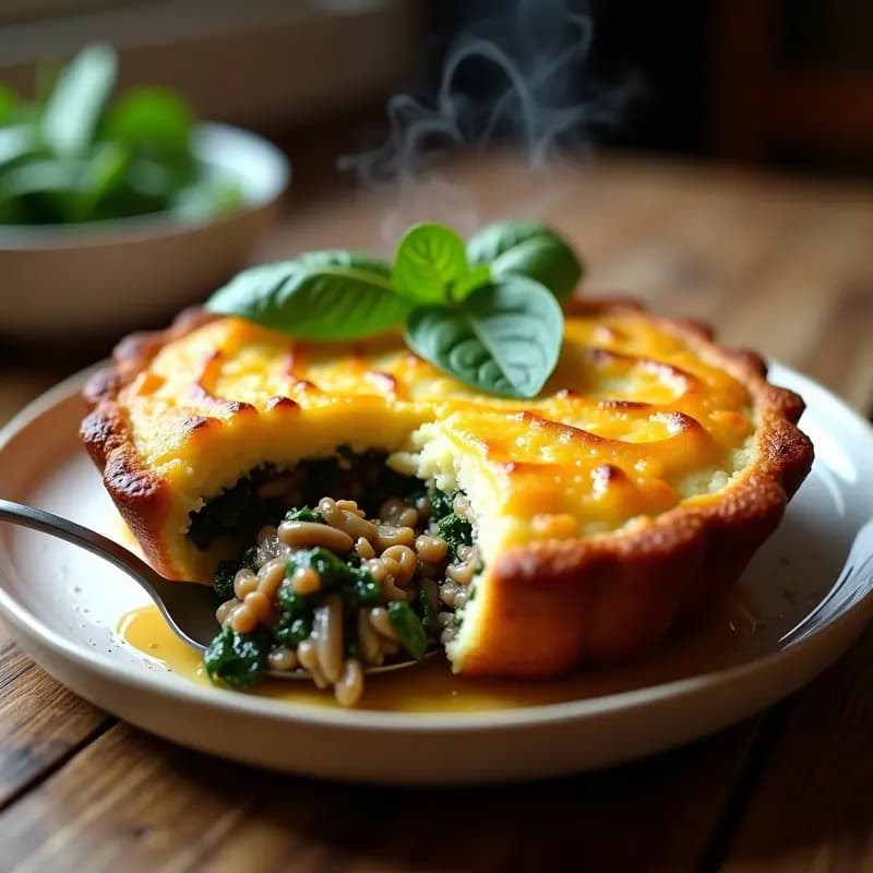 Pastel de papa vegano británico con relleno de hongos portobello y espinacas, horneado hasta dorar, servido en plato blanco con salsa de mostaza y miel de agave.