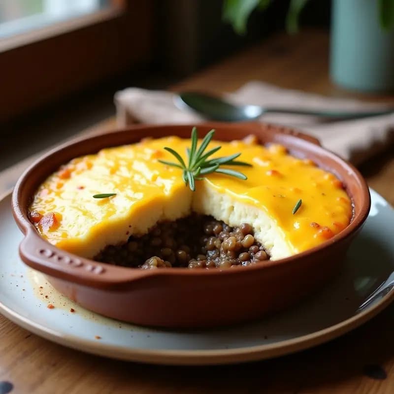 Pastel de papa inglés vegano en olla lenta, con capas visibles de relleno de lentejas y champiñones, puré cremoso de papa y coliflor, y salsa de queso cheddar vegano derretido dorado en la superficie, servido en plato rústico de barro.