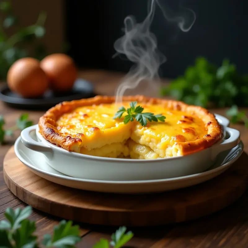 Pastel de papa irlandés con queso cheddar ahumado recién horneado, dorado y burbujeante, servido en molde de cerámica sobre tabla de madera rústica con hojas de perejil fresco.