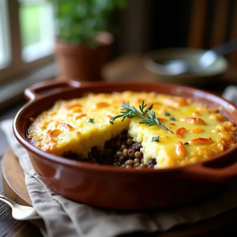 Pastel de Papa Shepperd’s Pie vegano con lentejas beluga en fuente de barro, superficie dorada y crujiente, relleno visible en los bordes, decorado con ramitas de tomillo fresco y hilo de aceite de oliva.