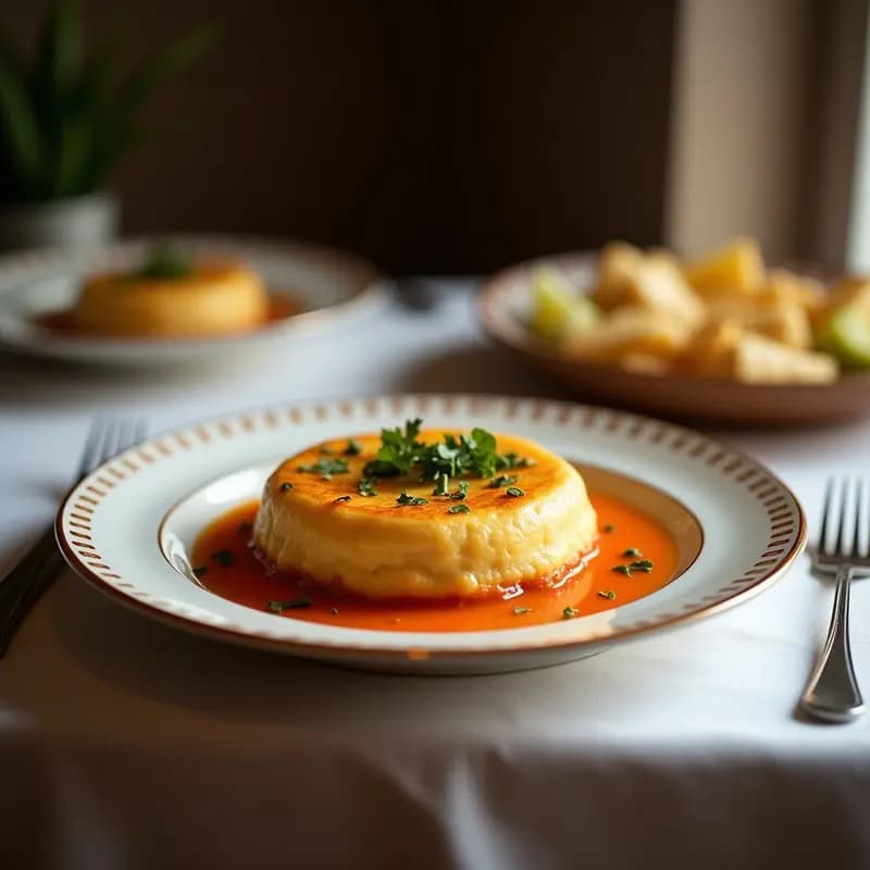 Pastel de Papa Ingles vegano y sin gluten en molde de cerámica, con capas visibles de puré de papa dorado y relleno oscuro de lentejas y espinacas, servido en porción con tenedor. Plato tradicional británico reinventado.