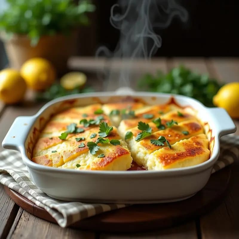 Pastel de papa y merluza al vapor en bandeja de horno, con puré de papa dorado cubriendo filetes de merluza jugosa, rodeado de perejil fresco y rodajas de limón sobre fondo rústico de madera.