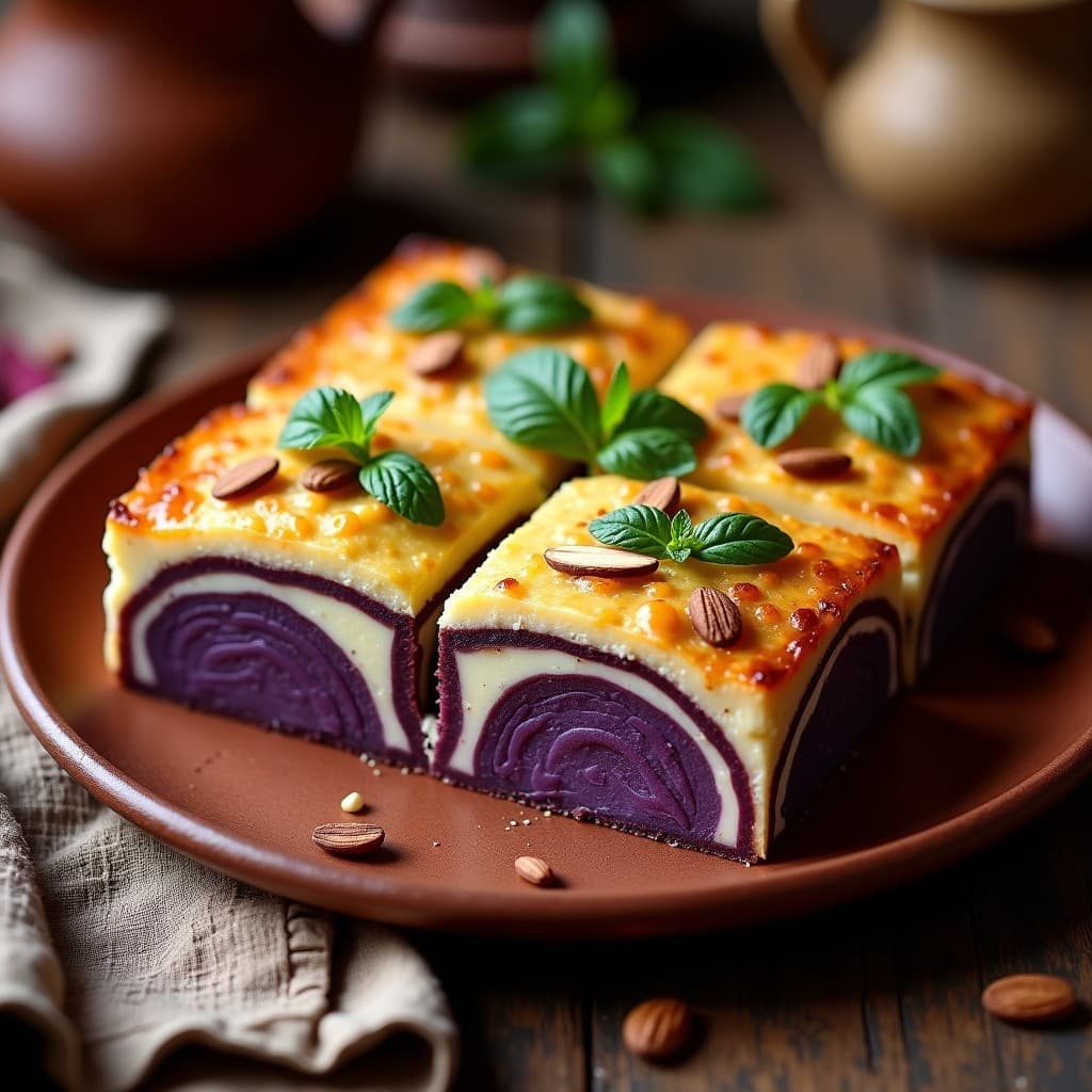 Pastel de papa morada y queso de almondiga boliviano sin lactosa, cortado en porciones cuadradas, mostrando capas vibrantes de papa morada y queso cremoso de almendras, decorado con hierbabuena fresca y almendras fileteadas sobre un plato de barro rústico.