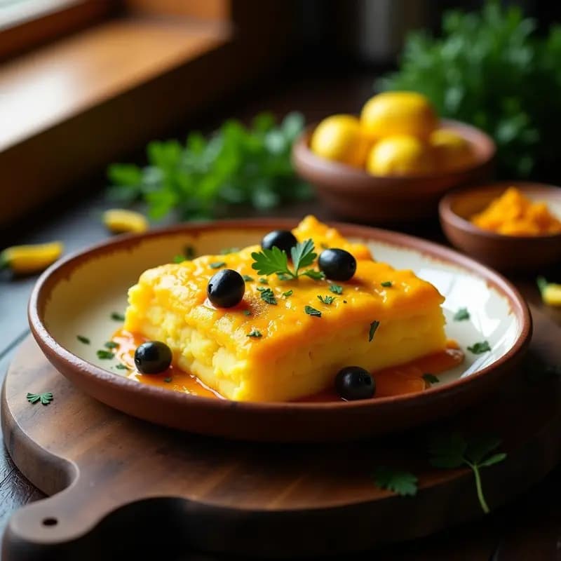Pastel de papa peruano con ají amarillo y aceitunas en molde rectangular, capas doradas de puré de papa amarilla y relleno amarillo oscuro con trocitos de aceitunas negras, decorado con perejil fresco y rodajas de aceituna, servido en plato de barro rústico con fondo de madera oscura.