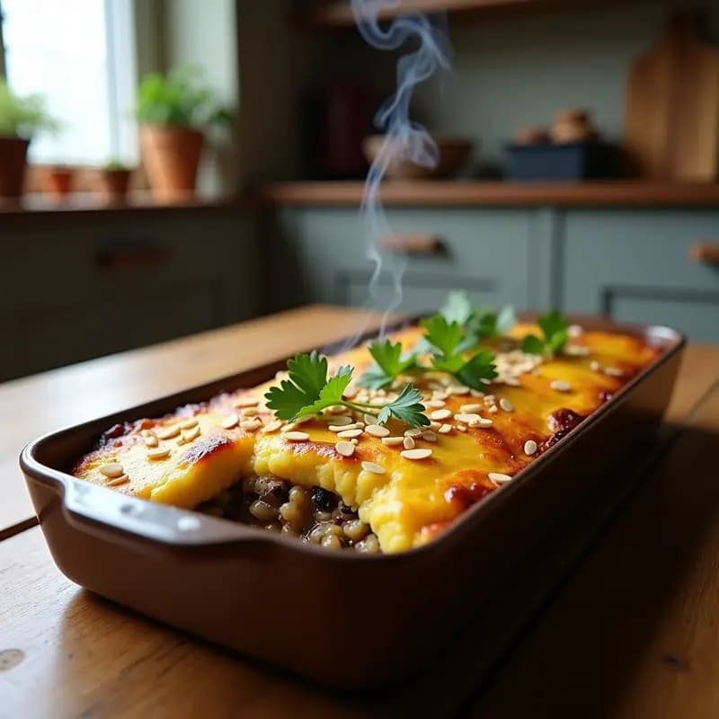 Pastel de papa peruano dorado con capas visibles de puré de papa amarilla y relleno de hongos portobello salteados con espinacas y almendras, servido en molde de cerámica. Receta sin carne y alta en fibra.