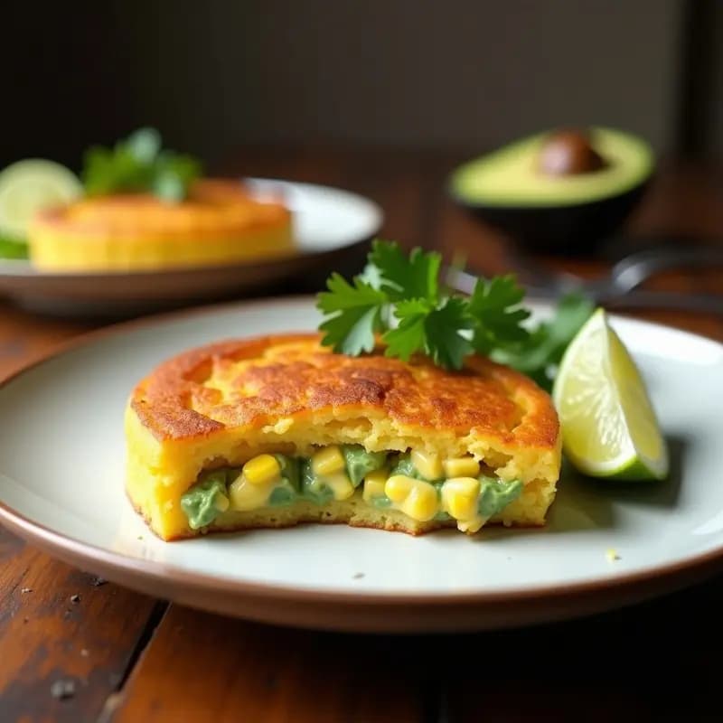 Pastel de papa peruano dorado al horno con relleno cremoso de palta y maíz, servido en porción triangular sobre plato blanco rústico, acompañado de cilantro fresco y rodajas de limón.