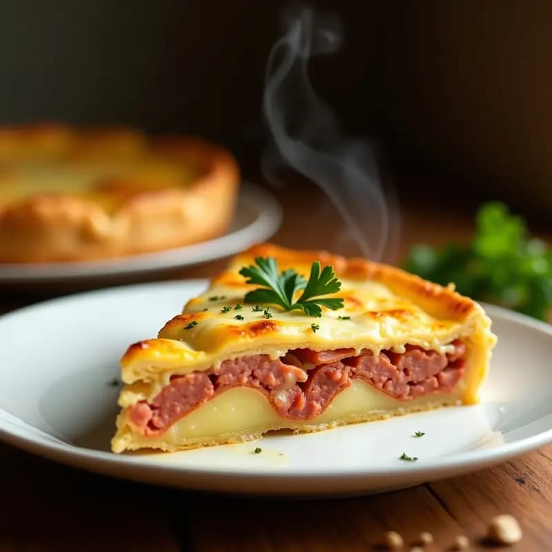 Pastel de papa portuguesa gratinado en molde rectangular, con capas visibles de papa cremosa, chorizo colorau vibrante y queso coalho derretido dorado, servido en porción con hierbas frescas.