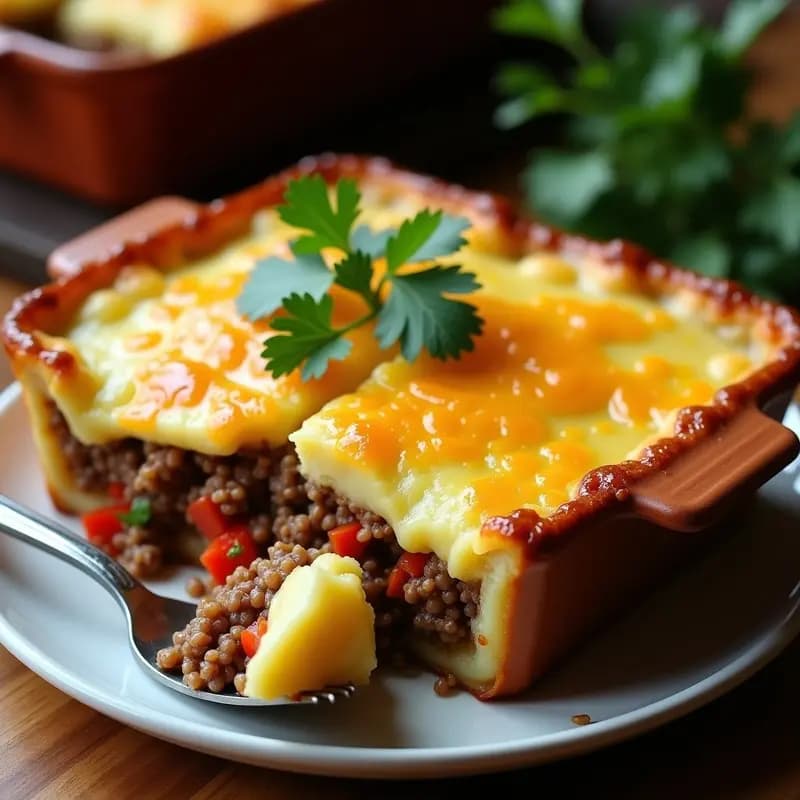 Pastel de papa rellena de carne picada y huevo duro, receta chilena de comfort food. Papas grandes horneadas rellenas con carne jugosa, huevo picado y cubiertas con puré de papa gratinado y dorado.