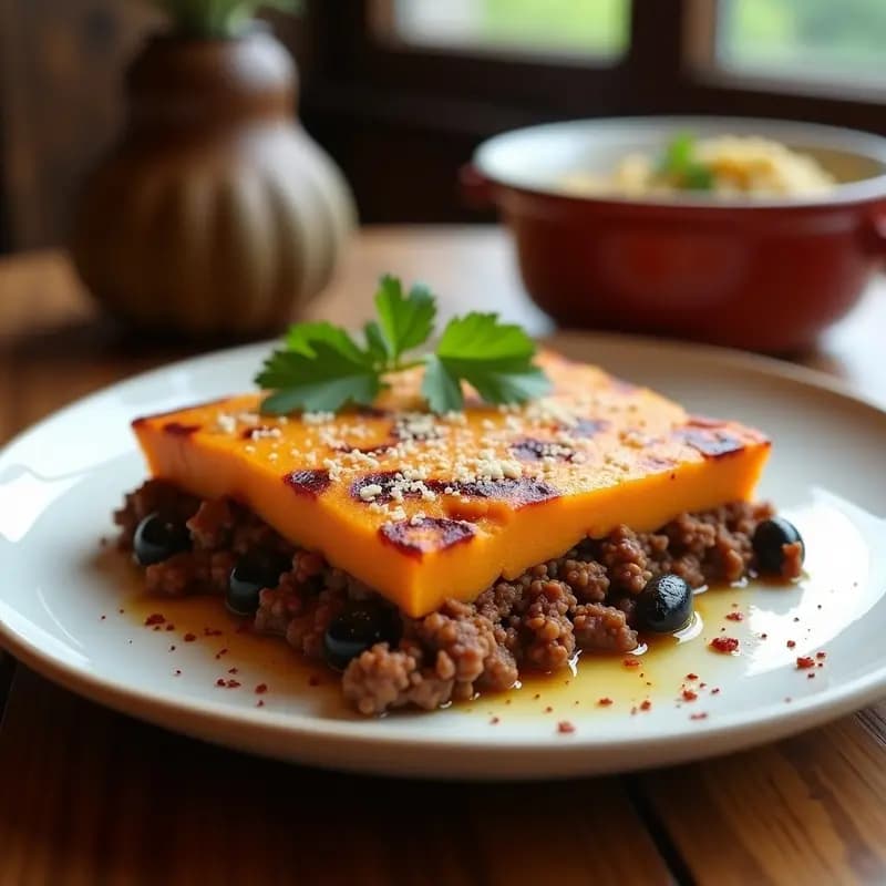 Pastel de Papa Sweet Potato y Merkén en molde rectangular, con capas visibles de puré naranja y relleno de carne oscura, glaseado brillante de miel y merkén, decorado con perejil fresco sobre fondo rústico de madera.