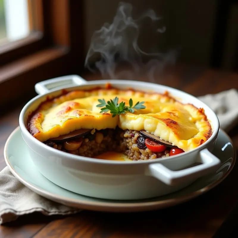 Pastel de papa argentino vegano en molde rectangular, con capas visibles de puré cremoso y berenjenas asadas doradas, decorado con hierbas provenzales y pimentón ahumado.