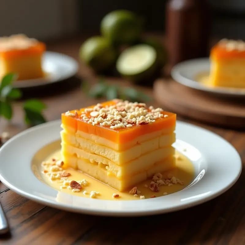 Pastel de PapaCola colombiano en capas, con rodajas de papa cola doradas, crema de guayaba vibrante y queso campesino derretido, decorado con almendras fileteadas. Postre tradicional servido en porciones cuadradas sobre un plato de cerámica blanca.