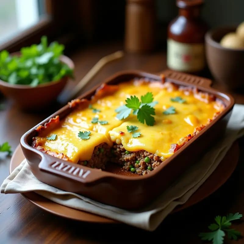 Pastel de papas colombiano con carne molida y arvejas en molde rectangular, dorado por encima con queso derretido, servido en porción con fondo rústico de madera.