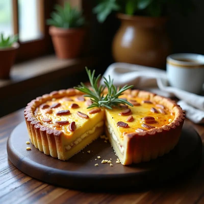 Pastel de pastinaca y anacardos con costra dorada de almendras, servido en molde desmontable sobre tabla de madera rústica, con detalles de romero fresco y anacardos tostados. Receta británica sin gluten.