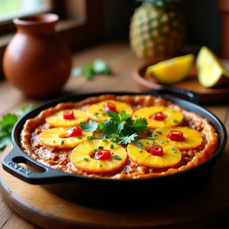 Pastel de pastor con piña y guindilla en olla de hierro, capas doradas de carne marinada, piña caramelizada y queso derretido, servido en porciones generosas.