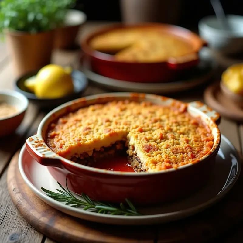 Pastel de Pastor Vegano con seitán y berenjena en Airfryer, servido en plato blanco con capa dorada de puré de patata, relleno de seitán especiado y berenjena asada, decorado con perejil fresco.