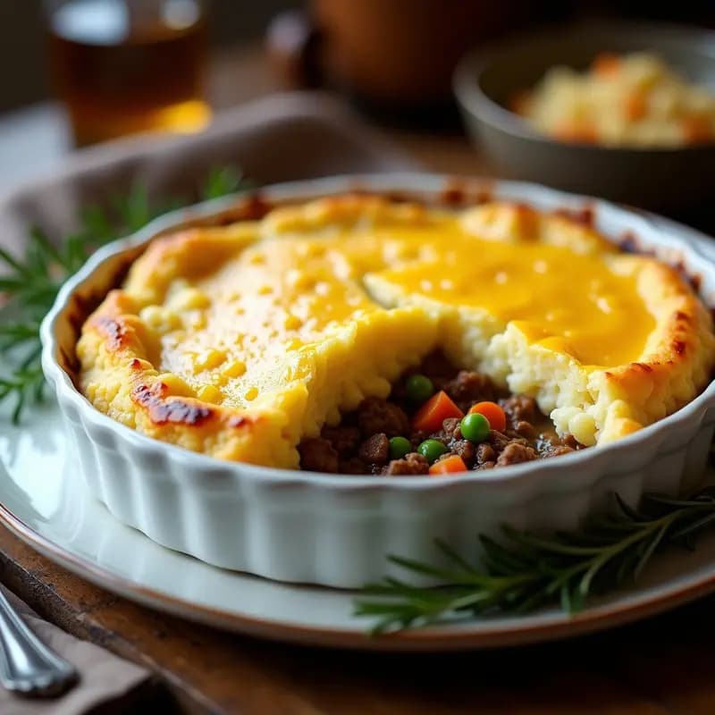 Pastel de pastores británico en molde rectangular, con capa inferior de carne de cordero especiada, puré de coliflor cremoso y queso cheddar dorado y gratinado. Decorado con ramitas de romero fresco sobre fondo rústico de madera.