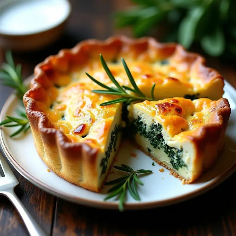 Pastel británico keto de pollo y espinacas con masa de coliflor dorada, cortado en porciones, mostrando su relleno jugoso y capas bien definidas. Servido en un plato blanco rústico con hojas de romero fresco como decoración.