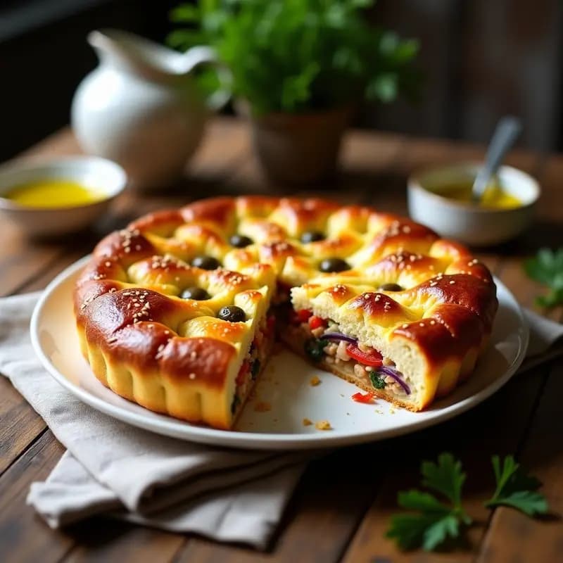 Pastel de pollo portugués con masa brioche dorada y esponjosa, cortado en porción para mostrar el relleno jugoso de pollo, cebolla, tomate y aceitunas, servido en molde redondo sobre una mesa rústica de madera.