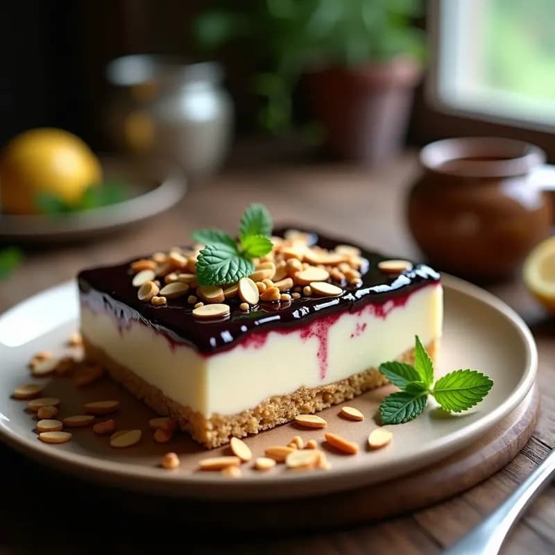 Pastel de queso basco cremoso con base de galleta de avena, cubierto de mermelada de higo negro brillante y almendras fileteadas tostadas. Presentado en molde desmontable sobre tabla de madera rústica, con hojas de menta como decoración.