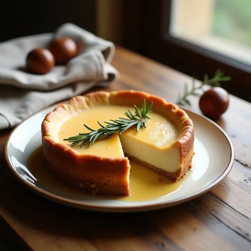 Pastel de queso de castaña y romero vegano en molde de barro, dorado por encima, decorado con ramas de romero fresco y trozos de castaña tostada, sobre una mesa rústica de madera.