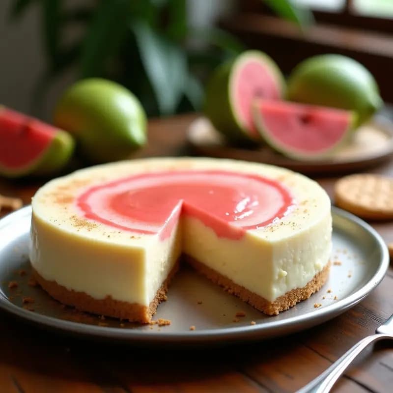 Pastel de queso con guayaba sin horno en molde desmontable, con base dorada de galletas María, capas cremosas blancas y rosadas de queso y guayaba, decorado con espirales de puré de guayaba y un toque de canela.