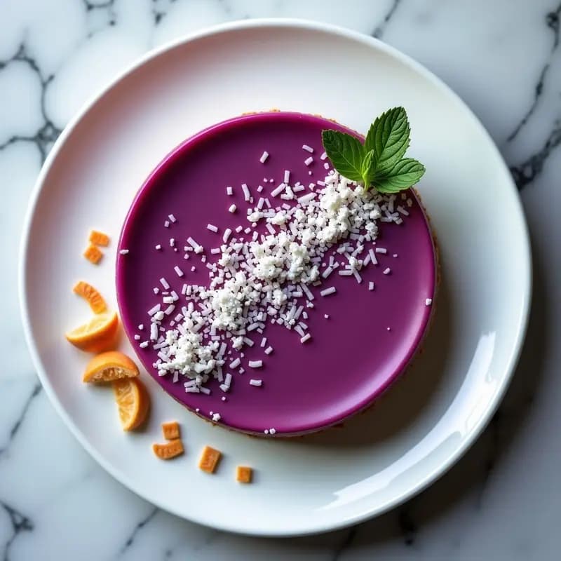 Pastel de queso japonés con batata morada en moldes individuales de silicona, decorado con coco rallado y semillas de sésamo negro, sobre un plato blanco con fondo de madera rústica.