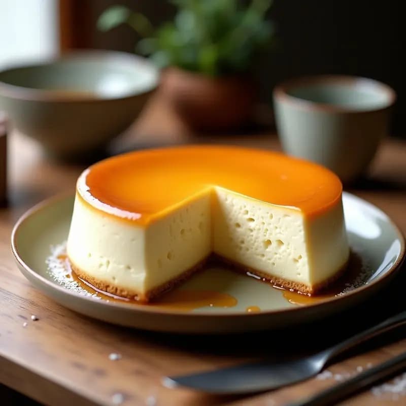 Pastel de queso japonés esponjoso de color crema dorado, con superficie lisa y ligeramente abombada, servido en un molde desmontable sobre una mesa de madera con utensilios de repostería y un fondo borroso de cocina tradicional.
