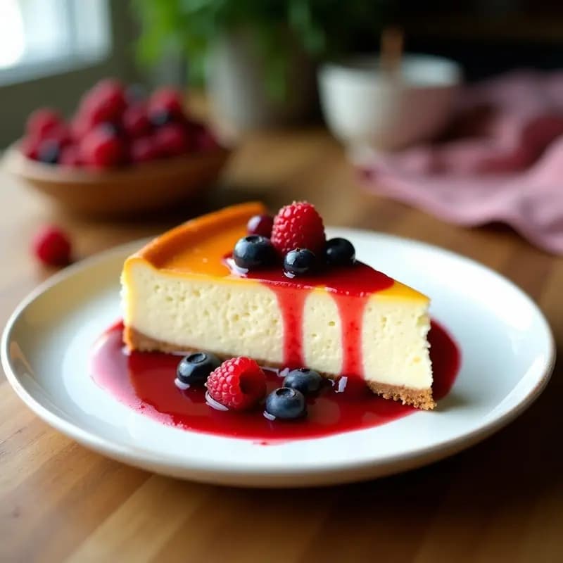 Pastel de queso japonés sedoso en molde desmontable, dorado por encima, servido en plato blanco con salsa de frutos rojos brillante y frambuesas frescas como decoración.
