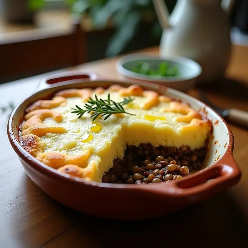 Pastel de Shepherd vegano en molde de barro, con capa superior dorada de puré de coliflor y relleno jugoso de lentejas y champiñones. Decorado con hojas de tomillo fresco y un hilo de aceite de oliva. Receta británica sin lactosa y alta en fibra.