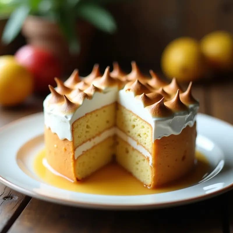 Pastel de tres leches colombiano con merengue italiano dorado en picos, servido en fuente rectangular con fondo de bizcocho esponjoso empapado y merengue cremoso con vetas de canela, decorado con coco rallado tostado.