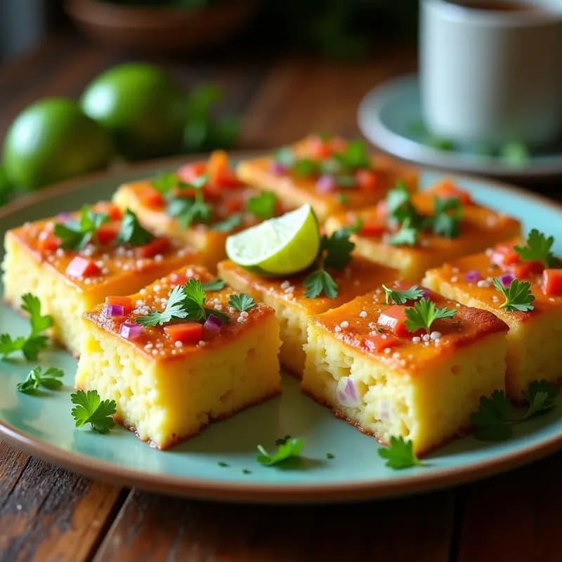 Pastel de Yuca y Bacalao en molde rectangular, dorado por fuera con capas visibles de yuca esponjosa y relleno de bacalao desmenuzado con cilantro fresco. Acompañado de gajos de limón verde y hojas de cilantro, receta caribeña sin harina.