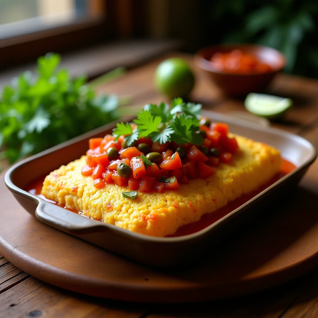 Pastel dorado de yuca y bacalao desmenuzado en molde rectangular, con salsa criolla verde y roja sobre la superficie, decorado con cilantro fresco. Receta colombiana en olla exprés.
